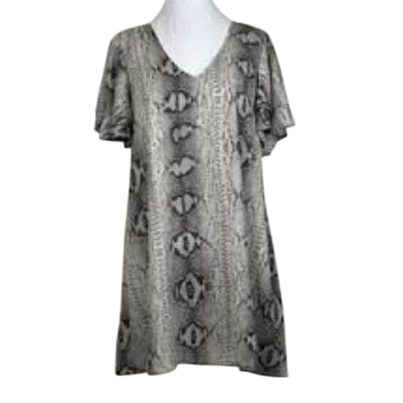 Caramela Women's Medium Gray Black Snake Print V-Neck Flutter Short Sleeve Dress - Picture 1 of 5